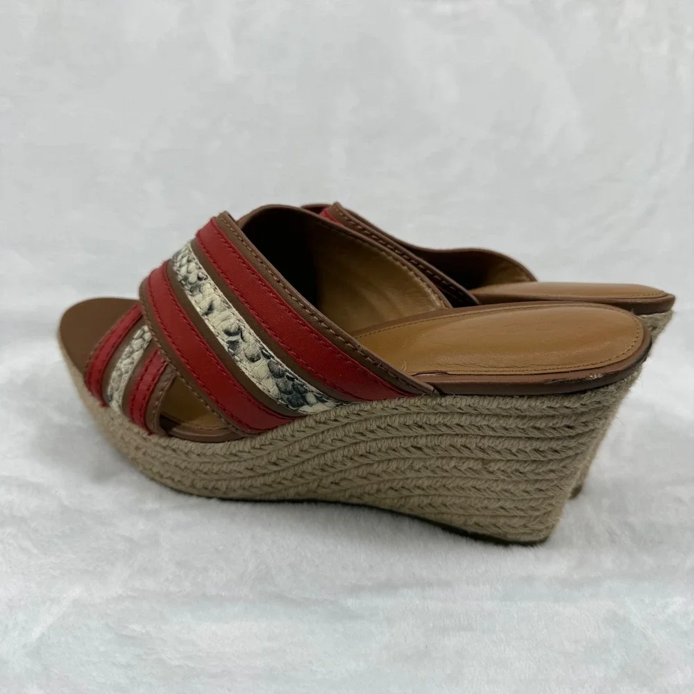 Coach Red Snakeskin Striped Espadrille Wedge Platform Sandals Slides 8.5‎ READ